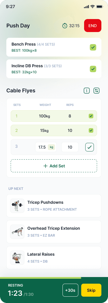 WorkoutInGym Push Day live workout tracking screen