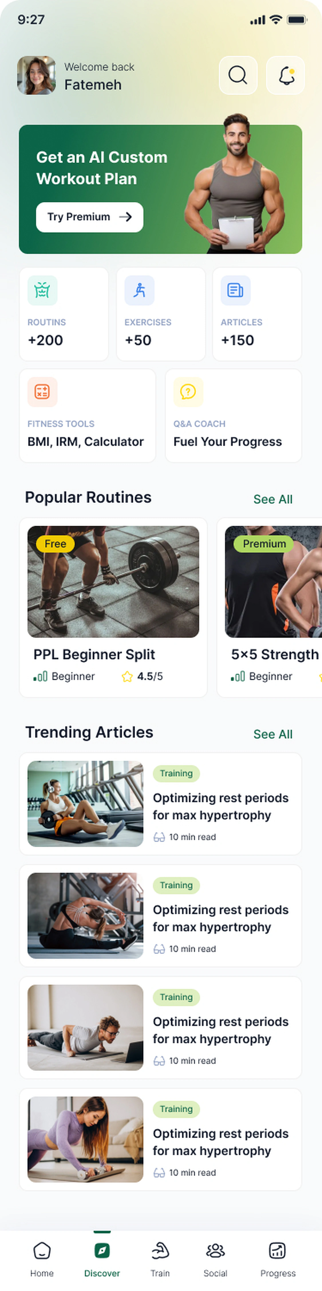 WorkoutInGym app showing an AI workout plan, exercise library, training tools, and progress tracking